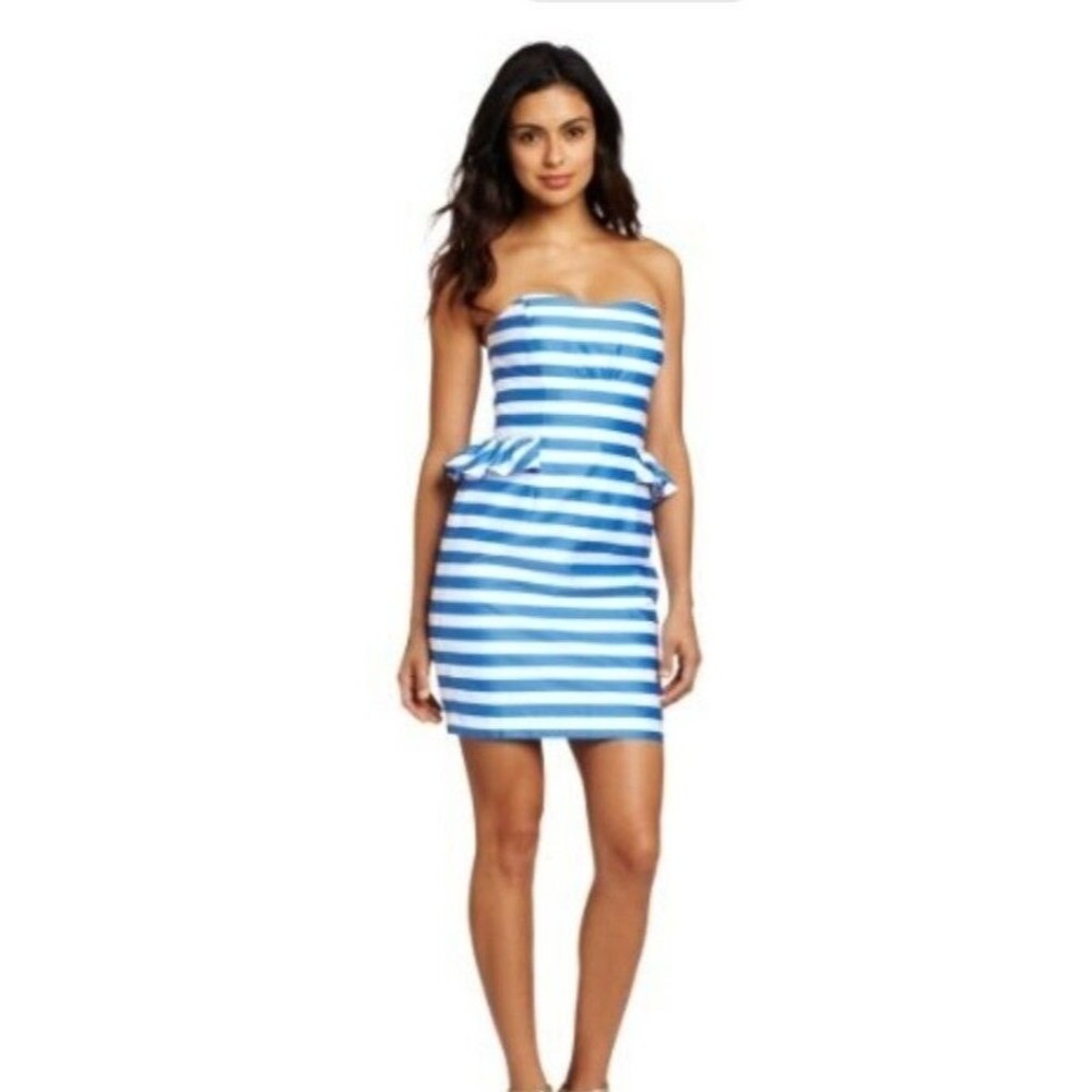 Lilly Pulitzer Maybell Dress Blue Swizzle Stripe Strapless Peplum Womens Size 10 - Picture 2 of 13